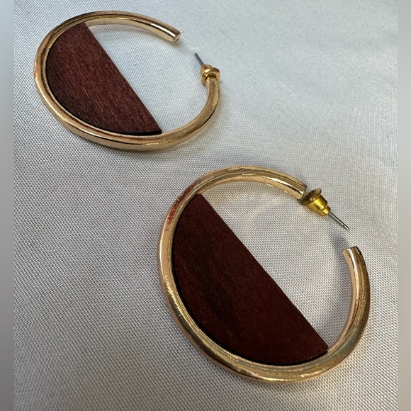 MCM goldtone and wood open hoop earrings - Picture 2 of 6